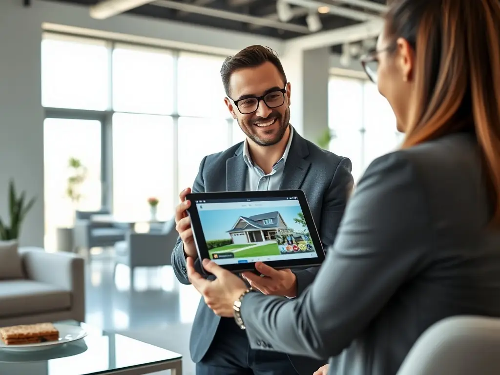 A real estate agent showcasing a luxury home using a tablet, with a Matterport virtual tour displayed on the screen, highlighting the property's features and layout.